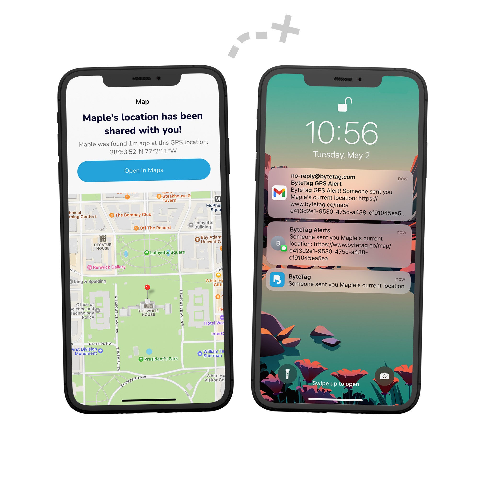 Two phones showcasing ByteTag's GPS Alert functionality.