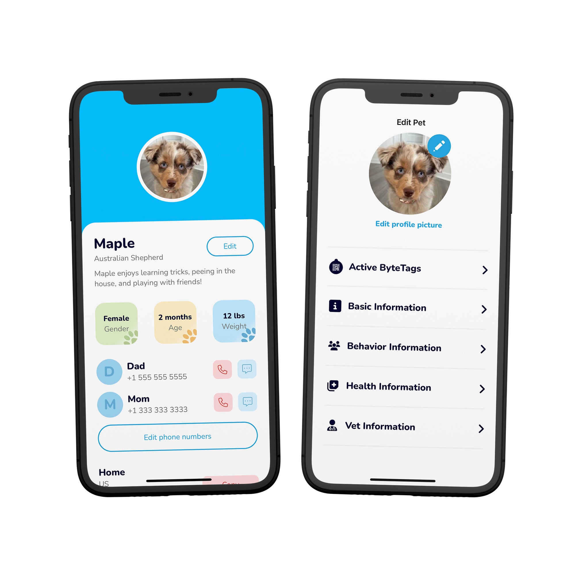 ByteTag pet profile, showcasing the customizable settings, contact information, and more.